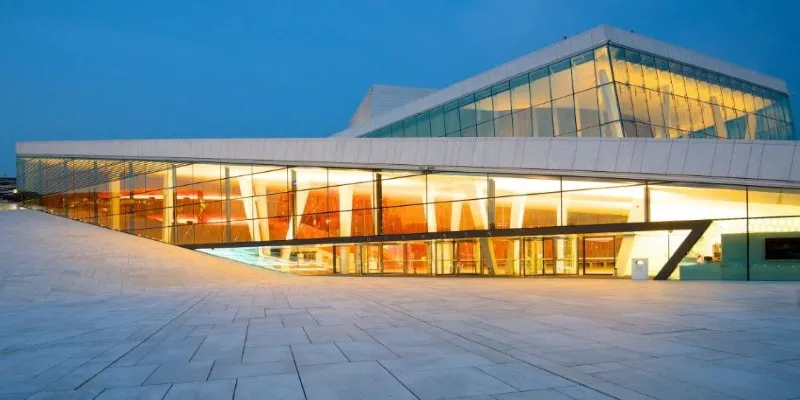 The stunning architecture of the Oslo Opera House with panoramic views of the Oslofjord