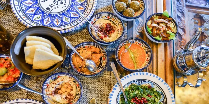 A delicious spread of Jordanian cuisine including falafel and
shawarma